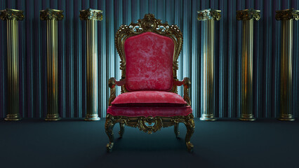 3D render of red king throne on a dark columns background, king armchair with golden columns