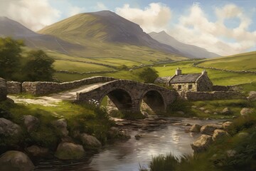 A Rural Irish Landscape with Farmhouse, Stone Bridge and Majestic Mountain Valley: Generative AI