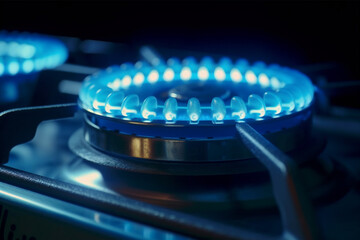 Closeup shot of blue fire from domestic kitchen stove top. Gas cooker with burning flames of propane gas. Industrial resources and economy concept, Created using generative AI tools. - obrazy, fototapety, plakaty