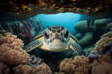 Obraz premium Baby Turtle Swimming in Colorful Coral Reef generative ai