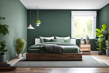 Bed Between Ladder and Plant in Green Boho Bedroom Interior with Grey Carpet under Lamps