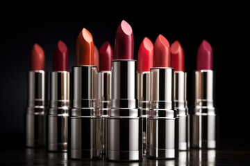Fototapeta premium A set of lipstick on a dark background. Red, pink, wine, wine lipstick. generative AI 
