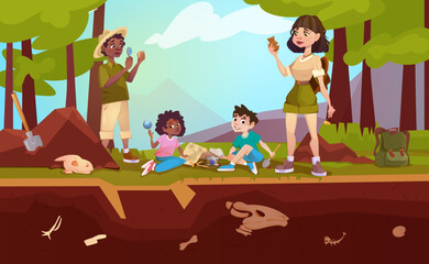 Cartoon archaeologists exploring artifacts with magnifying glass, brush or studying dinosaurs fossil skeletons bones. Children digging sand, playing in paleontologists with excavation shovel and loupa
