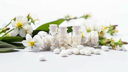 homeopathic pills with spring flowers on white background - obrazy, fototapety, plakaty