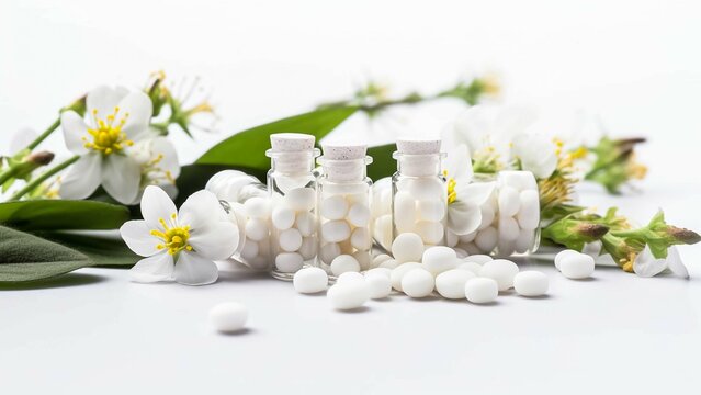 homeopathic pills with spring flowers on white background