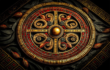 Fototapeta premium Ancient Roman Mystery. Generative AI. A digital painting of an ancient Roman mosaic with a mysterious theme.