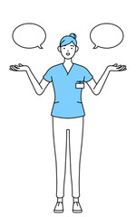 ふきだしつき、比較をする女性看護師、理学療法士、作業療法士、言語聴覚士、看護助手