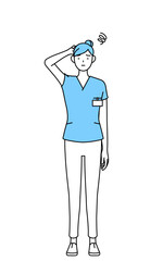 困って頭をかく女性看護師、理学療法士、作業療法士、言語聴覚士、看護助手