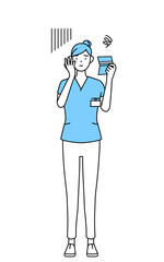 預金通帳を見て落ち込む女性看護師、理学療法士、作業療法士、言語聴覚士、看護助手