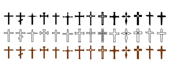 Cross Christian cross icons set. Collection of black, linear and brown wooden vector cross symbols on a white background. eps10