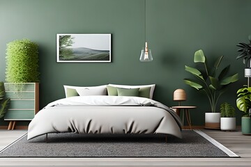 Bed Between Ladder and Plant in Green Boho Bedroom Interior with Grey Carpet under Lamps