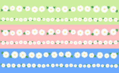一列に並んだ白いマーガレッット三色セット・大小 黄緑・ピンク・ブルー背景 イラスト素材 色違い・差分有