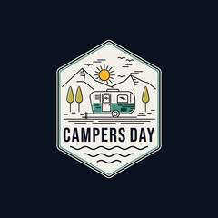 camper trailer adventure vector template. travel vehicle illustration in line art style.