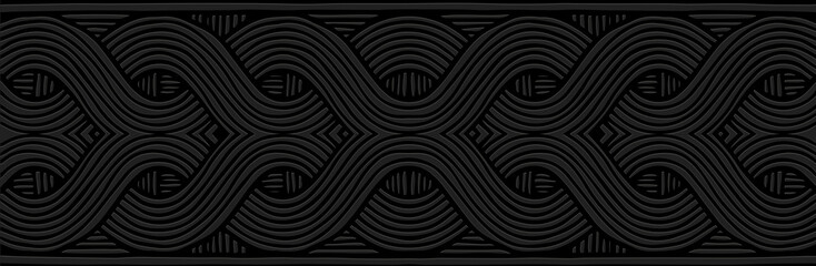 Banner, creative cover design. Embossed ethnic geometric 3D pattern on a black background. Themes of the East, Asia, India, Mexico, Aztecs, Peru. Tribal boho, doodling and zentangle, antistress.