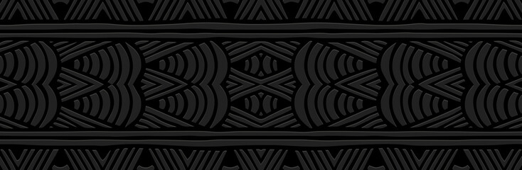 Banner, cover design unique. Embossed ethnic geometric 3D pattern on a black background. Themes of the East, Asia, India, Mexico, Aztecs, Peru. Tribal boho, doodling and zentangle, antistress.