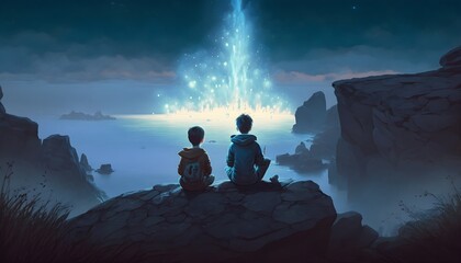 two brothers sitting on the cliff and looking at the mysterious glowing light, Generative AI