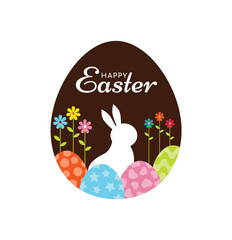 Happy Easter, greeting card. Colorful Easter design with typography, bunny, flowers, and eggs.