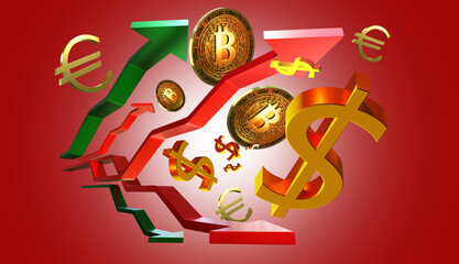 Financial background. Arrows with currency logos. Flying dollar and euro symbols. Red economic wallpaper. Bitcoin trading. Investment financial background. Fiat and blockchain money. 3d image