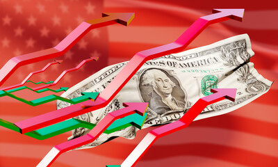 Dollar bill. USA flag. Dollar inflation concept. Metaphor for loss of dollar liquidity. American currency inflation. Wrinkled USA money. Economic problems. Crisis, bankruptcy. 3d image
