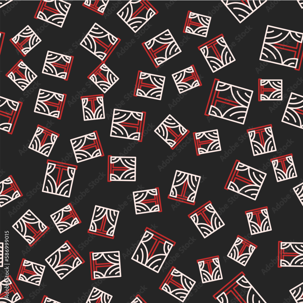Poster line window with curtains in the room icon isolated seamless pattern on black background. vector