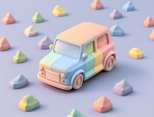Colorful and cute isometric 3D car with pastel colors, AI generative