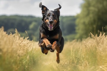 Beauceron jumping in joy runing to the camera