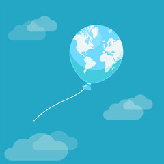 Earth globe as balloon with World map flying in sky. Flat vector illustration on blue background