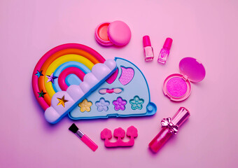 Children's set of decorative cosmetics for a little girl in the shape of a rainbow. Flat lay.