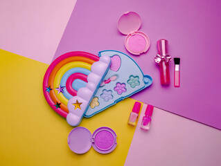 Children's set of decorative cosmetics for a little girl in the shape of a rainbow. Flat lay.