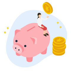 豚の貯金箱とコインを積み上げる女性のアイソメトリックイラスト