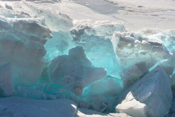 Blue Ice Clear Transparent Hummocks on the Frozen Lake