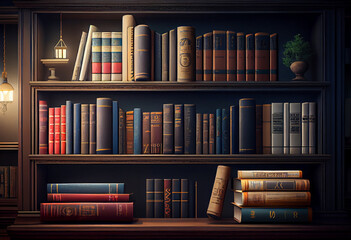 Fototapeta premium Old cozy library. Game of light and shadow on shelves with books in the library. AI Generated