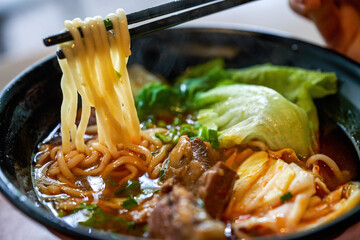 A bowl of delicious and rich Taiwanese braised beef noodles