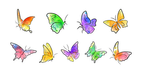 Butterflies brush sketch with bright aquarelle coloring