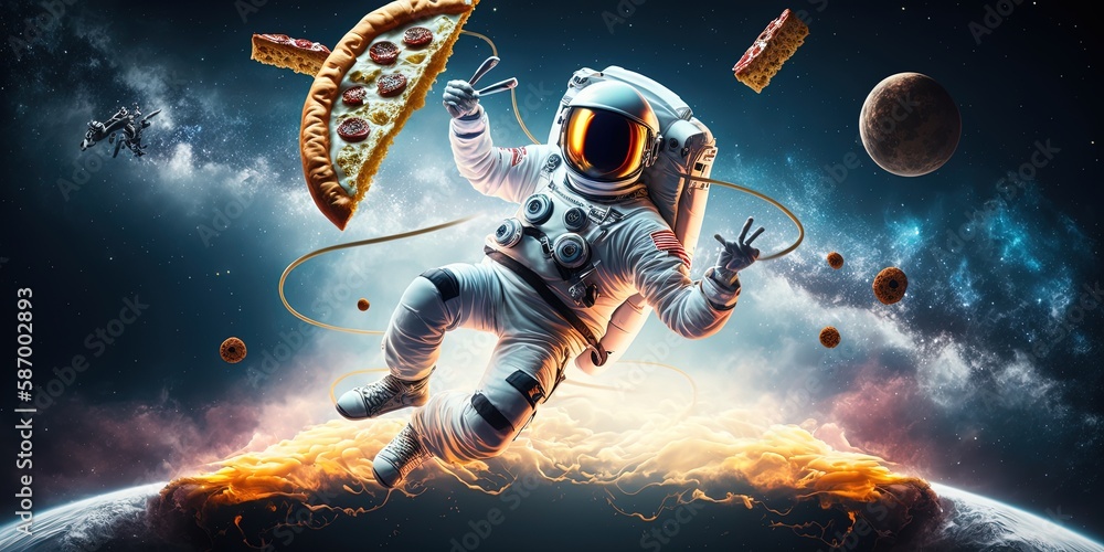 Wall mural astronaut and pizza planet in space by ai generative