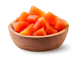 Canned papaya cubes in a wooden plate on a white background. Isolated