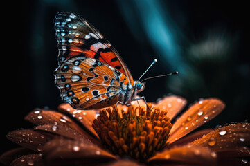 A close-up of a delicate, dew-kissed butterfly perched on a vibrant flower, with intricate wing patterns and vivid colors.