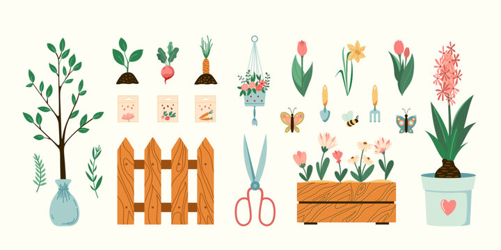 Home vegetables gardening hobby illustrations set. Vector plants, flowers, and garden tools spring seasonal flat style collection Isolated