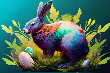 Colorful Easter Bunny with eggs