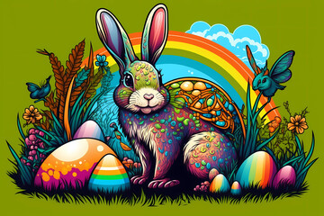 Colorful Easter Bunny with eggs