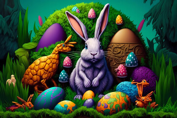 Colorful Easter Bunny with eggs