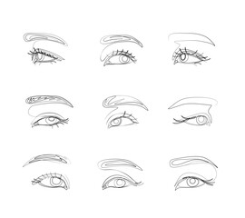 Eye with eyebrow, eyes set, continuous line drawing, small tattoo, print for clothes and logo design, emblem or logo design, logo for the studio eyelash, isolated vector illustration.