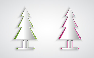Obraz premium Paper cut Tree icon isolated on grey background. Forest symbol. Paper art style. Vector
