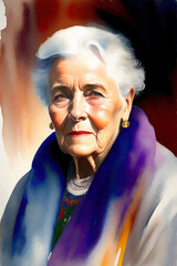 Colorful painted portrait of an old lady with flowers. Generative AI