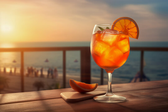 Refreshing Seaside Aperol Spritz: Classic Italian Aperitif Cocktail with Stunning Beach View. Perfect for a Relaxing Vacation. Generative AI