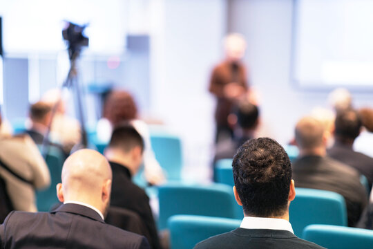 Hybrid live video streaming business conference and presentation or international political meeting