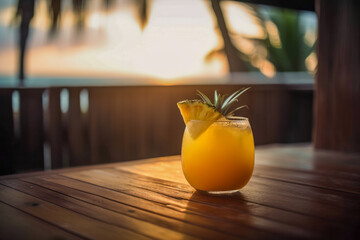 Tropical Mai Tai Tiki Cocktail Served on Wooden Table. Sea, and Palm Trees Background, Perfect Summer Vacation Refreshment. Generative AI