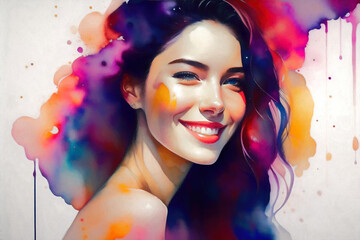 Watercolor style portrait of a smiling young woman. Generative AI