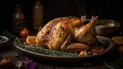 A beautifully roasted chicken glistens in natural light, adorned with delicate herbs and spices, exuding elegance, Created with generative Ai Technology.