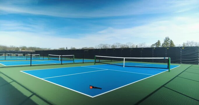 View of a new pickleball complex with a paddle and orange ball on blue and green courts in a suburban setting during early spring.